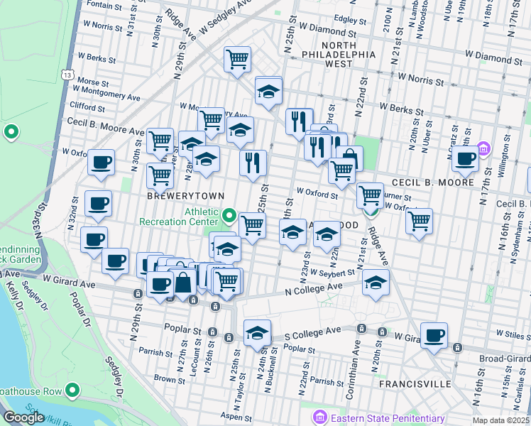 map of restaurants, bars, coffee shops, grocery stores, and more near 2441 West Jefferson Street in Philadelphia