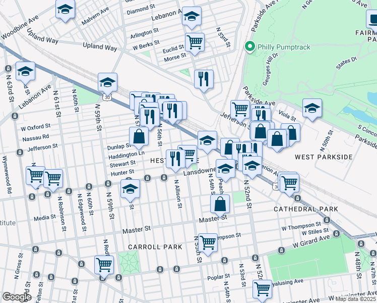 map of restaurants, bars, coffee shops, grocery stores, and more near 5450 Stewart Street in Philadelphia
