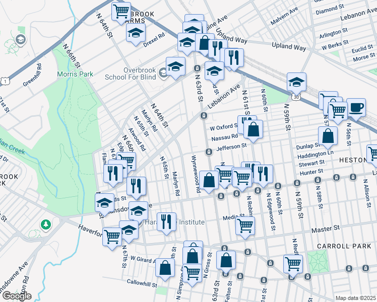 map of restaurants, bars, coffee shops, grocery stores, and more near 900 Wynnewood Road in Philadelphia