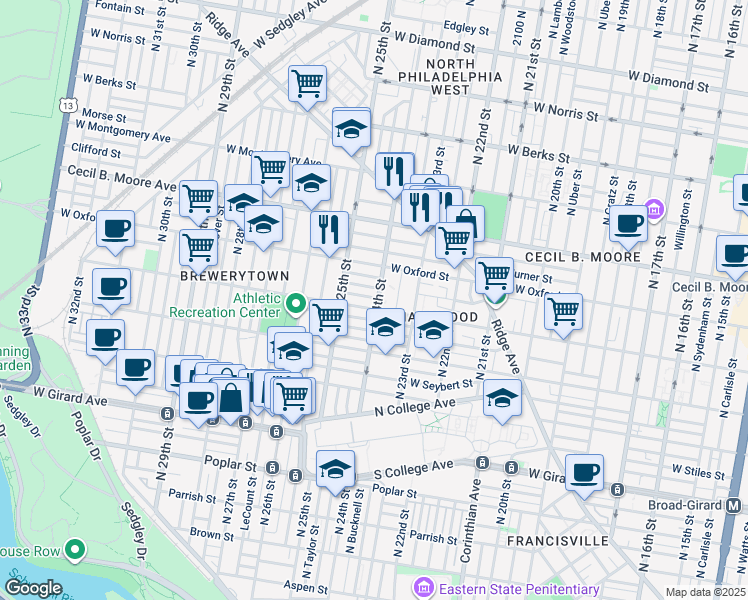 map of restaurants, bars, coffee shops, grocery stores, and more near 2403 West Jefferson Street in Philadelphia