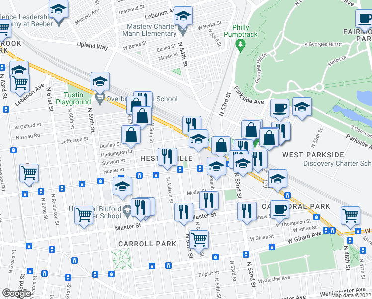 map of restaurants, bars, coffee shops, grocery stores, and more near 5432 Merion Avenue in Philadelphia