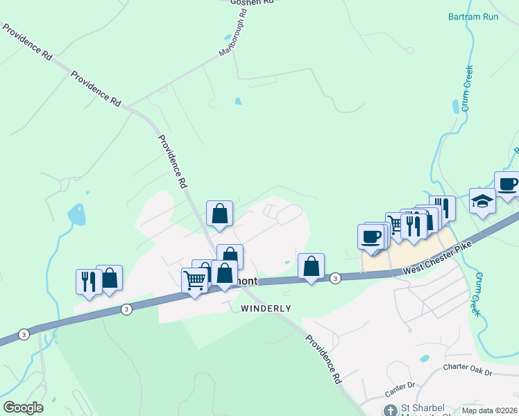 map of restaurants, bars, coffee shops, grocery stores, and more near 8 Eagleview Drive in Newtown Square