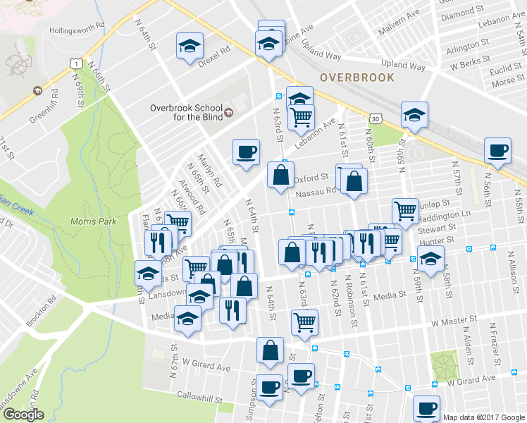 map of restaurants, bars, coffee shops, grocery stores, and more near 900 Wynnewood Road in Philadelphia