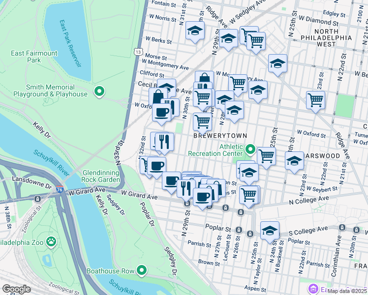 map of restaurants, bars, coffee shops, grocery stores, and more near 1426 North Myrtlewood Street in Philadelphia