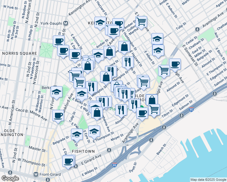 map of restaurants, bars, coffee shops, grocery stores, and more near 2360 East York Street in Philadelphia