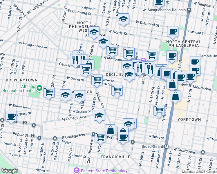 map of restaurants, bars, coffee shops, grocery stores, and more near 2003 Redner Street in Philadelphia