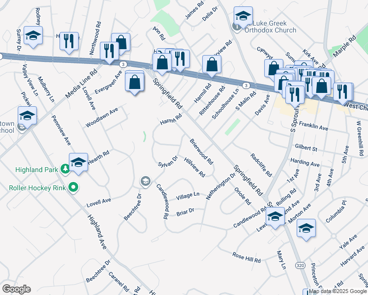 map of restaurants, bars, coffee shops, grocery stores, and more near 115 Sylvan Drive in Broomall