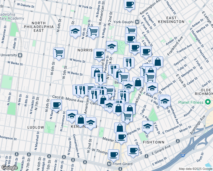 map of restaurants, bars, coffee shops, grocery stores, and more near 1846 North Hancock Street in Philadelphia