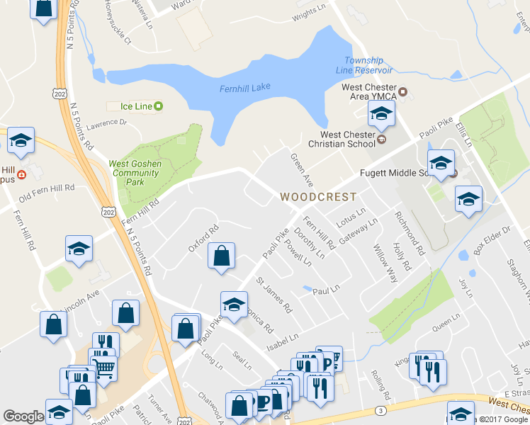 map of restaurants, bars, coffee shops, grocery stores, and more near 1108 Fernhill Road in West Chester