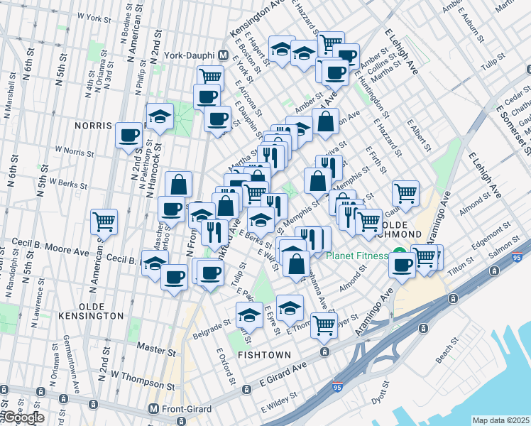 map of restaurants, bars, coffee shops, grocery stores, and more near 2004 Tulip Street in Philadelphia