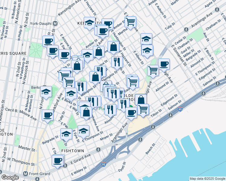 map of restaurants, bars, coffee shops, grocery stores, and more near 2409 East Boston Street in Philadelphia