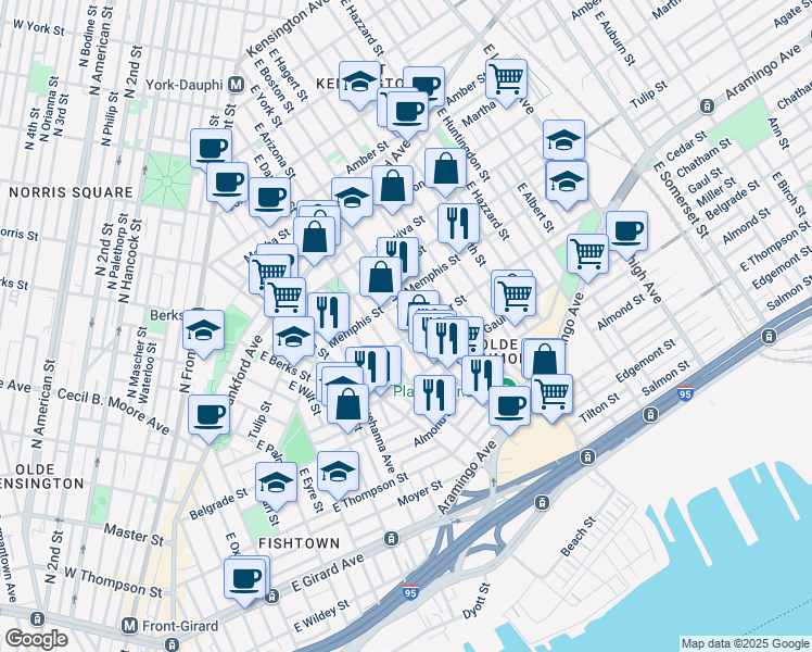 map of restaurants, bars, coffee shops, grocery stores, and more near 2405 East York Street in Philadelphia