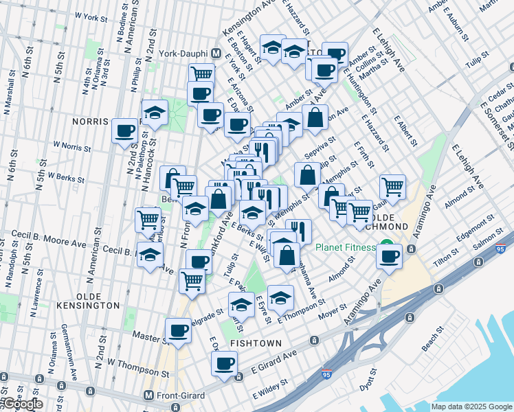 map of restaurants, bars, coffee shops, grocery stores, and more near 2004 Tulip Street in Philadelphia