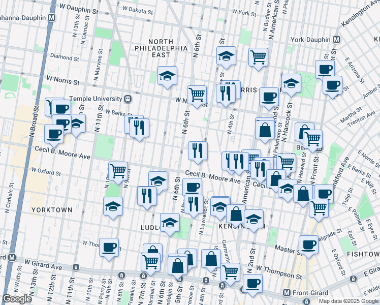 map of restaurants, bars, coffee shops, grocery stores, and more near 1748 North 5th Street in Philadelphia