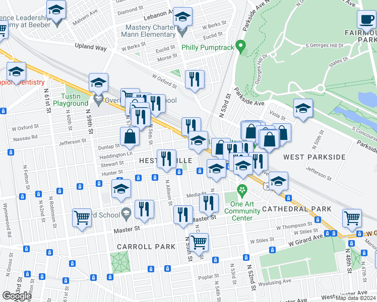 map of restaurants, bars, coffee shops, grocery stores, and more near 5424 Merion Avenue in Philadelphia