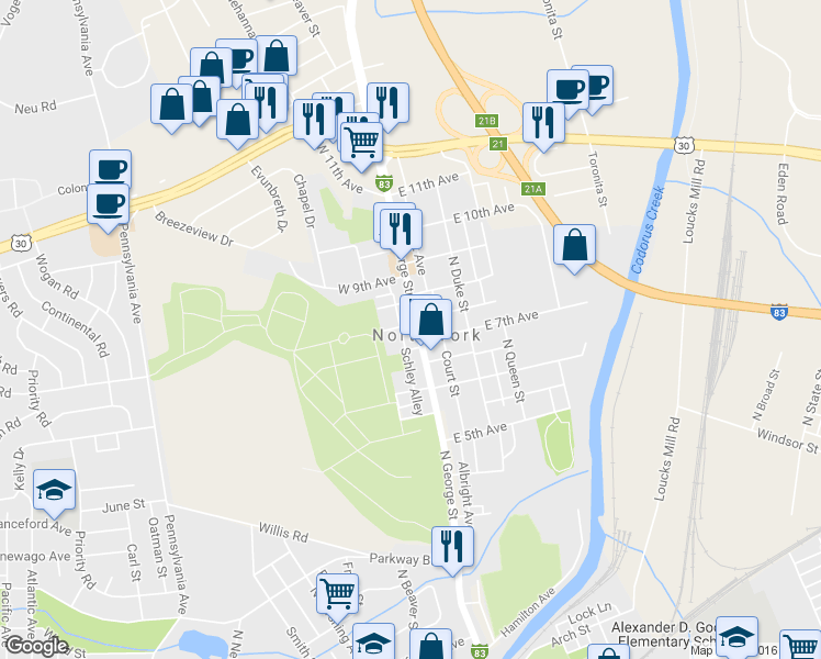 map of restaurants, bars, coffee shops, grocery stores, and more near 1124 North George Street in York
