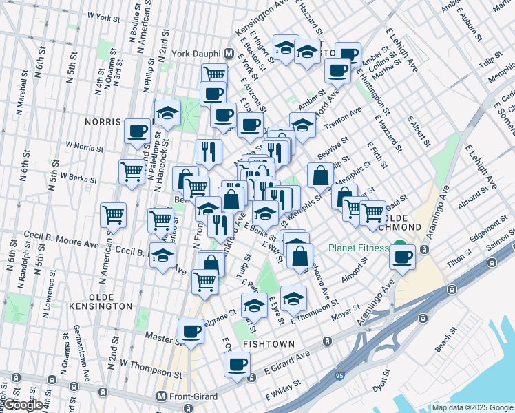 map of restaurants, bars, coffee shops, grocery stores, and more near 2186 East Norris Street in Philadelphia