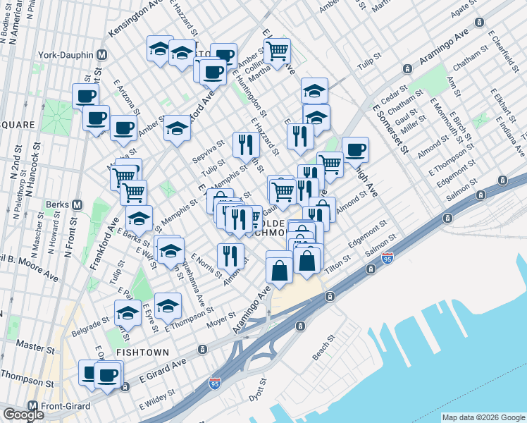 map of restaurants, bars, coffee shops, grocery stores, and more near 2501 East Cumberland Street in Philadelphia