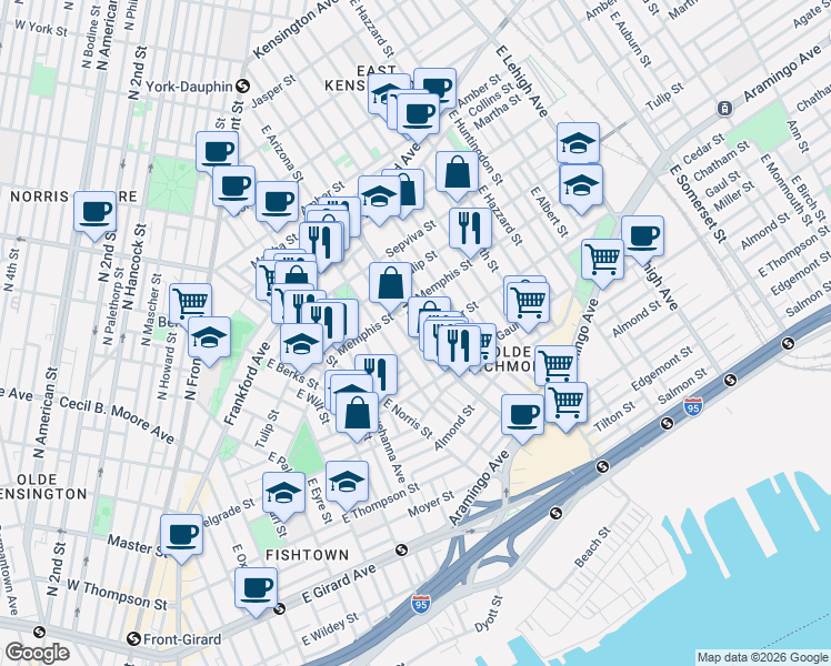 map of restaurants, bars, coffee shops, grocery stores, and more near 2357 East Dauphin Street in Philadelphia