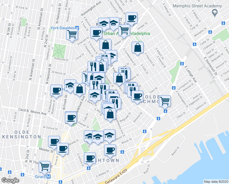 map of restaurants, bars, coffee shops, grocery stores, and more near 2213 Memphis Street in Philadelphia