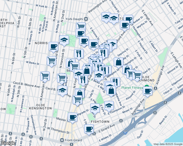 map of restaurants, bars, coffee shops, grocery stores, and more near in Philadelphia