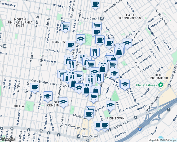 map of restaurants, bars, coffee shops, grocery stores, and more near 131 West Wilt Street in Philadelphia