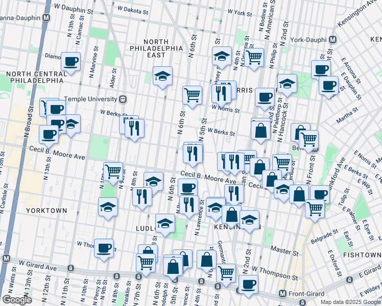 map of restaurants, bars, coffee shops, grocery stores, and more near 514 West Montgomery Avenue in Philadelphia