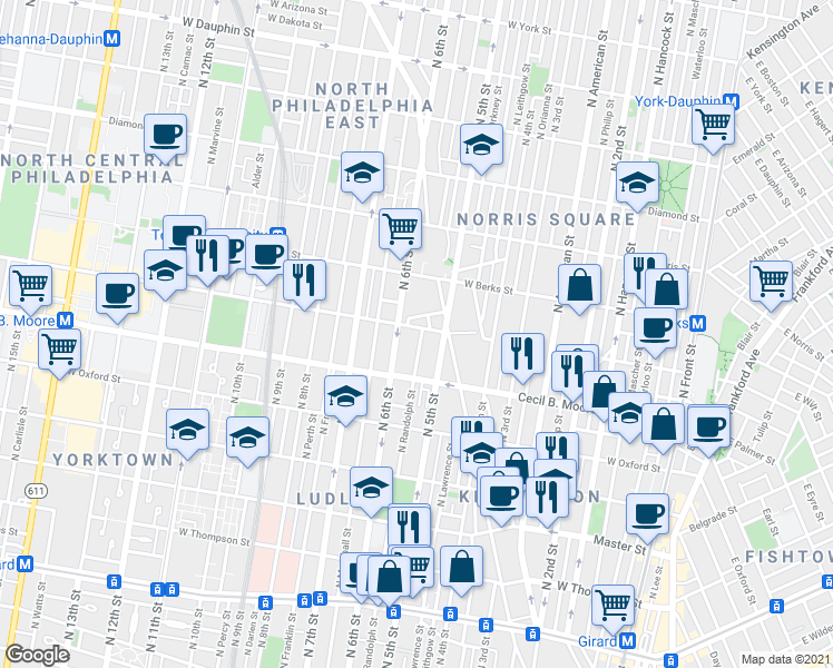 map of restaurants, bars, coffee shops, grocery stores, and more near 1748 North 5th Street in Philadelphia