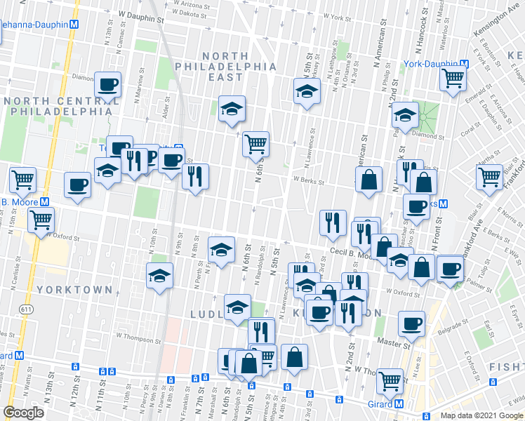 map of restaurants, bars, coffee shops, grocery stores, and more near 1748 North 5th Street in Philadelphia