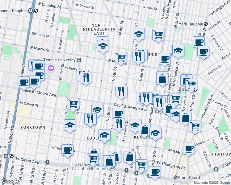 map of restaurants, bars, coffee shops, grocery stores, and more near 1748 North 5th Street in Philadelphia