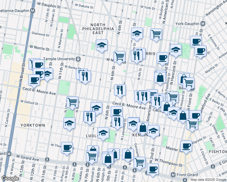 map of restaurants, bars, coffee shops, grocery stores, and more near 1748 North 5th Street in Philadelphia