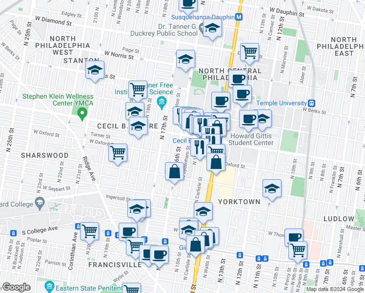 map of restaurants, bars, coffee shops, grocery stores, and more near 1611 North Sydenham Street in Philadelphia
