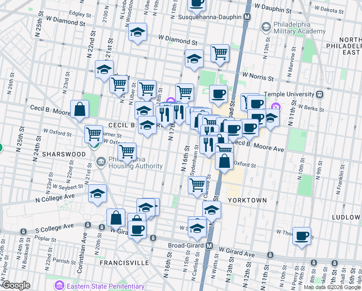map of restaurants, bars, coffee shops, grocery stores, and more near 1609 West Oxford Street in Philadelphia