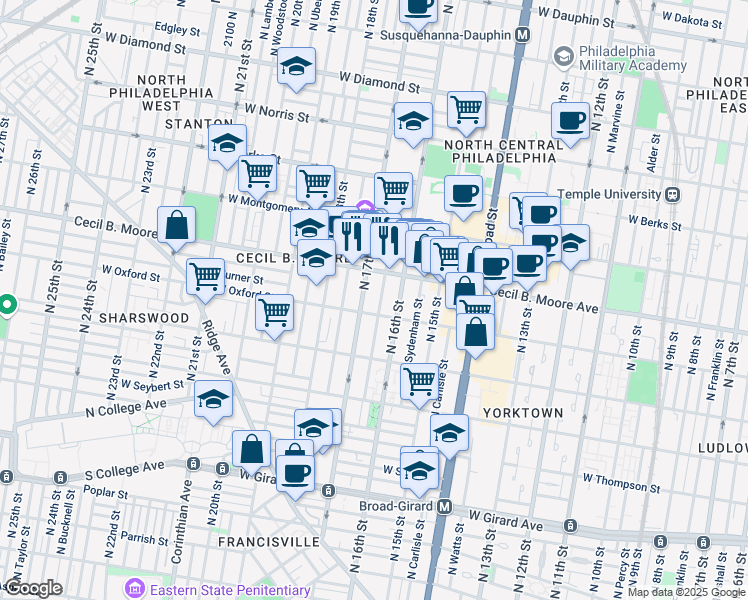 map of restaurants, bars, coffee shops, grocery stores, and more near 1609 West Oxford Street in Philadelphia