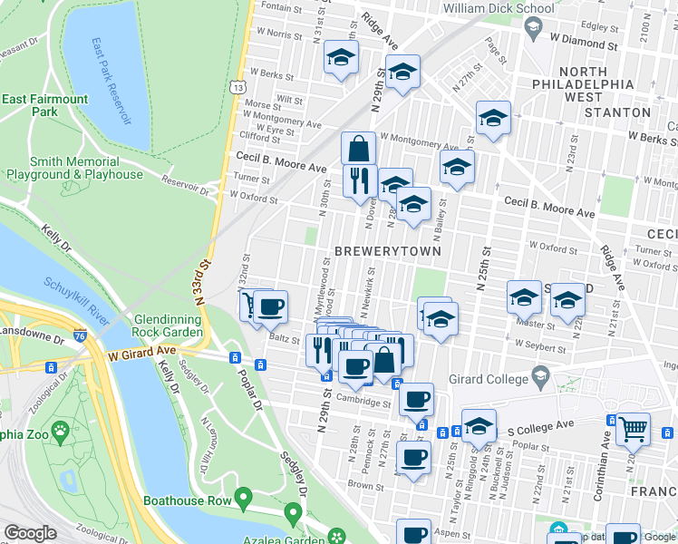 map of restaurants, bars, coffee shops, grocery stores, and more near in Philadelphia