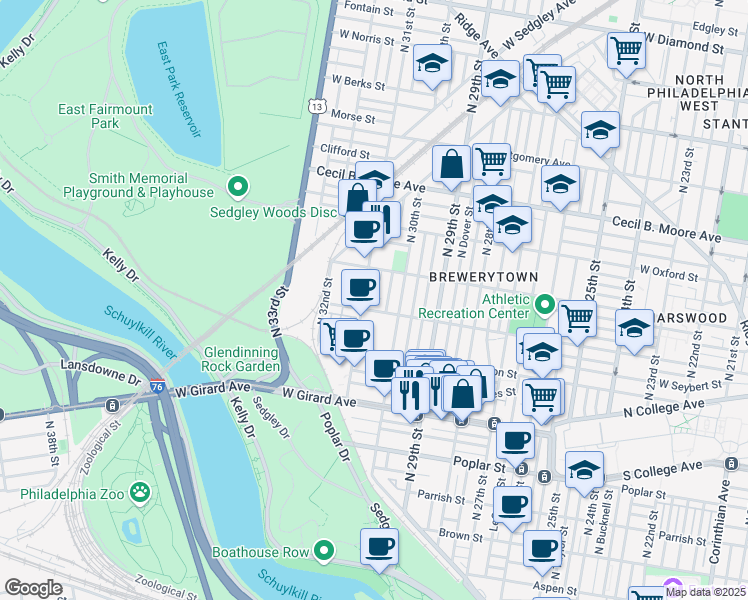 map of restaurants, bars, coffee shops, grocery stores, and more near 3041 Master Street in Philadelphia