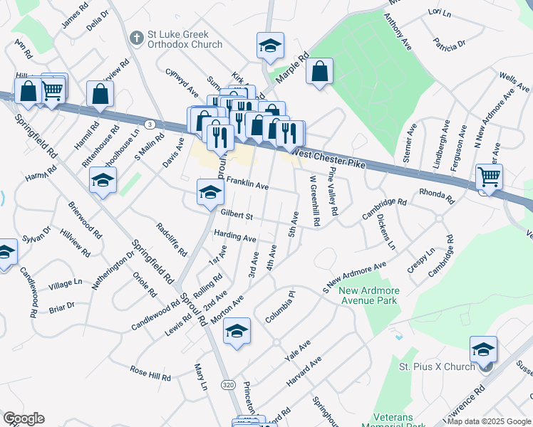 map of restaurants, bars, coffee shops, grocery stores, and more near 90 4th Avenue in Broomall