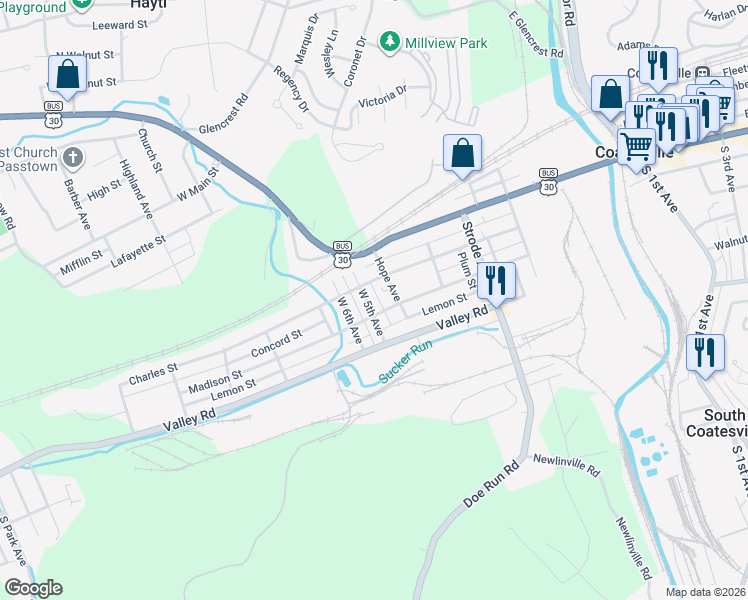 map of restaurants, bars, coffee shops, grocery stores, and more near 34 West 5th Avenue in Coatesville