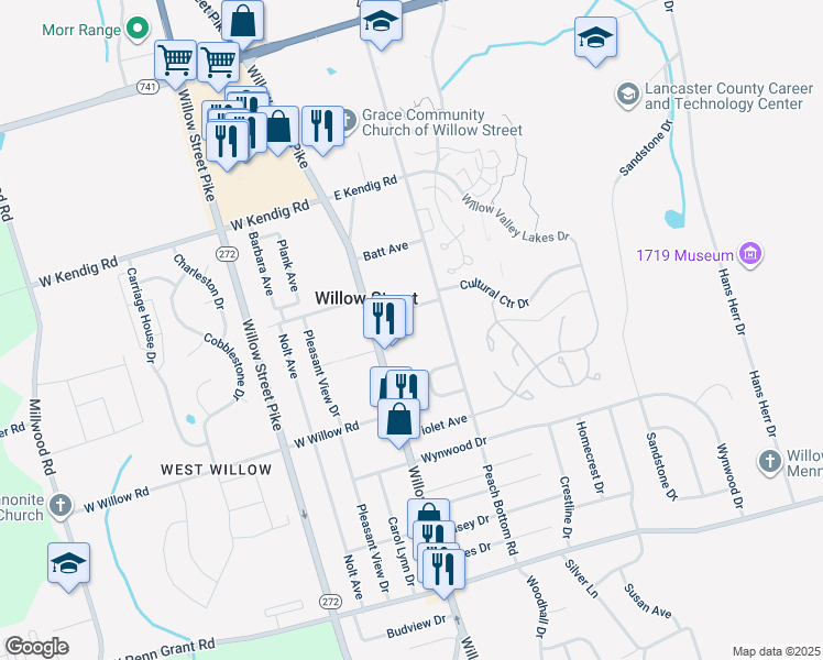 map of restaurants, bars, coffee shops, grocery stores, and more near in Willow Street