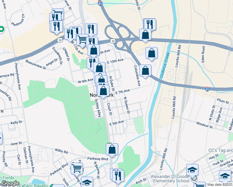 map of restaurants, bars, coffee shops, grocery stores, and more near 1045 North Duke Street in York