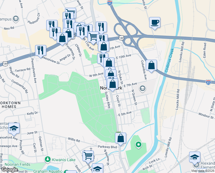 map of restaurants, bars, coffee shops, grocery stores, and more near 1116 Schley Alley in York