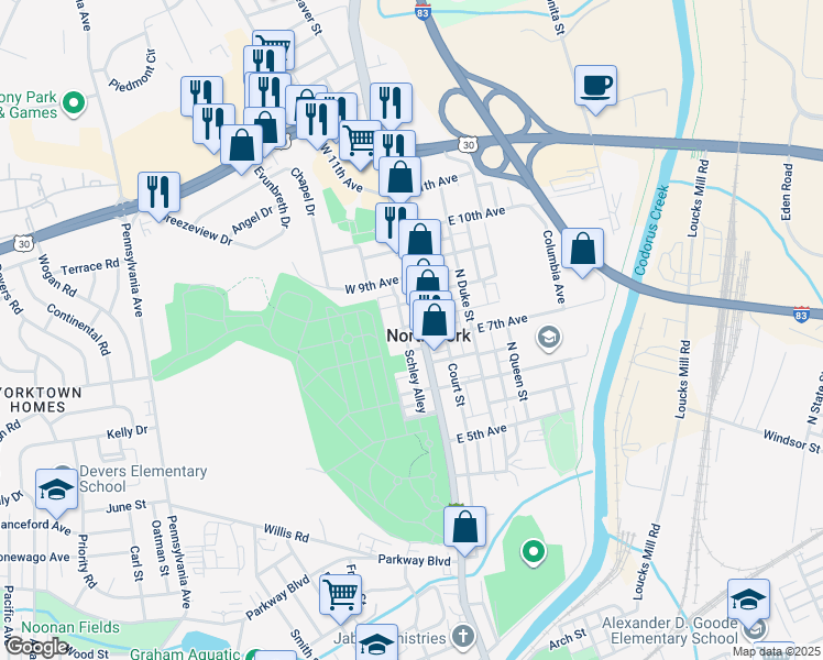 map of restaurants, bars, coffee shops, grocery stores, and more near 1116 Schley Alley in York