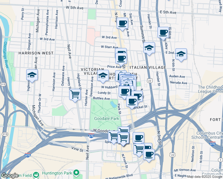 map of restaurants, bars, coffee shops, grocery stores, and more near 775 Park Street in Columbus