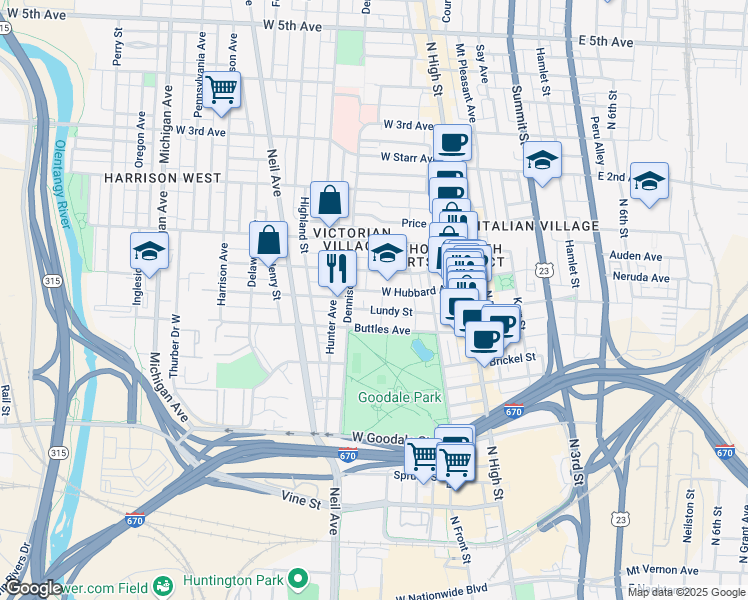 map of restaurants, bars, coffee shops, grocery stores, and more near 178 Buttles Avenue in Columbus