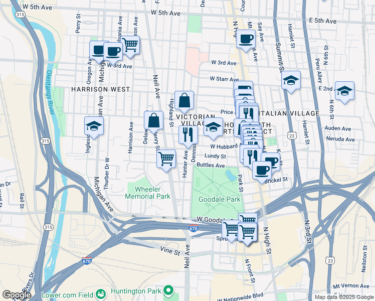 map of restaurants, bars, coffee shops, grocery stores, and more near 221 West Hubbard Avenue in Columbus