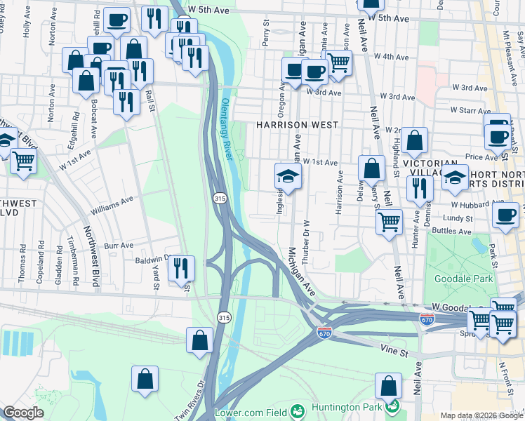 map of restaurants, bars, coffee shops, grocery stores, and more near 889 Ingleside Avenue in Columbus