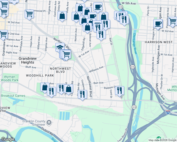 map of restaurants, bars, coffee shops, grocery stores, and more near 912 Northwest Boulevard in Grandview Heights