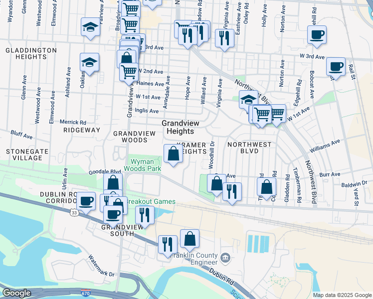 map of restaurants, bars, coffee shops, grocery stores, and more near 967 Kramer Avenue in Columbus
