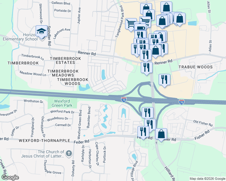map of restaurants, bars, coffee shops, grocery stores, and more near 5632 Long Branch Place in Columbus