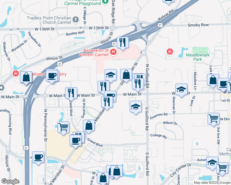 map of restaurants, bars, coffee shops, grocery stores, and more near 1029 West Main Street in Carmel